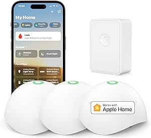 Meross Detector de Agua Inteligente, Sensor Fugas de Agua WiFi, Kit de Alarma de Agua para Cocina, baño y Sótano, Compatible con Apple HomeKit, Alexa y SmartThings (HUB Incluida), Paquete de 3