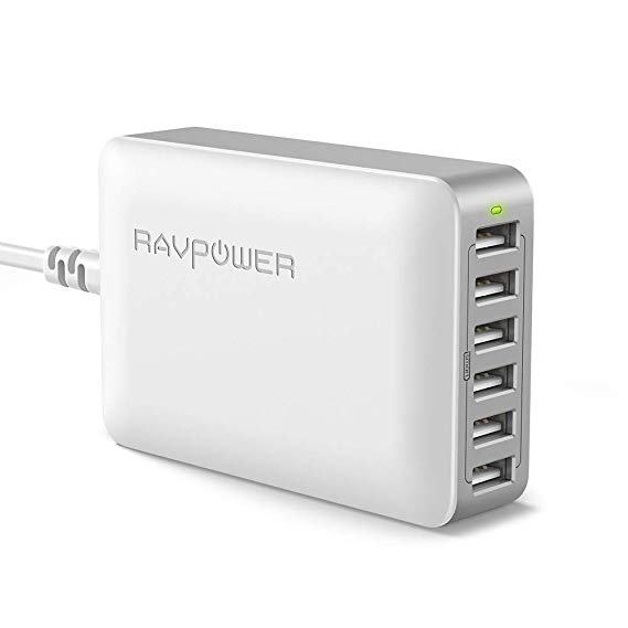 USB Charger RAVPower 60W 12A 6-Port Desktop USB Charging Station with iSmart Multiple Port, Compatible iPhone Xs Max XR X 8 7 Plus, iPad Pro Air Mini, Galaxy S9 S8 S7 Edge, Tablet, etc (Grey White)