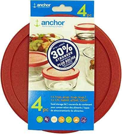 Anchor Hocking Improved 30% Stronger Replacement Lids 1x7cup,1x4cup,1x2cup,1x1cup, red Round lid
