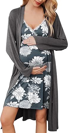 Ekouaer Womens Maternity Nursing Gown and Robe Set Labor Delivery Nuring Nightgowns for Hospital Breastfeeding Robes