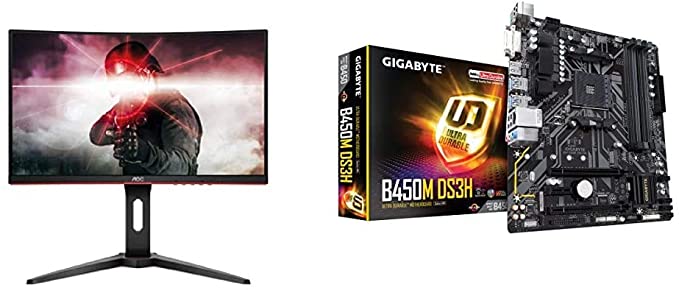 AOC C24G1 24" Curved Frameless Gaming Monitor & Gigabyte B450M DS3H (AMD Ryzen AM4/Micro ATX/M.2/HMDI/DVI/USB 3.1/DDR4/Motherboard)