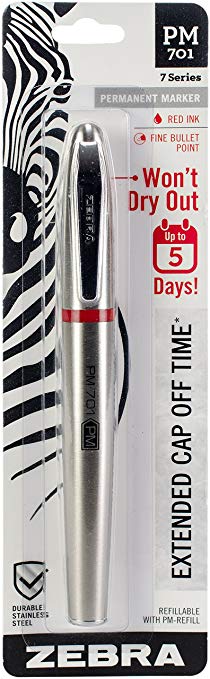 Zebra PM-701 Stainless Steel Permanent Marker, Fine Bullet Tip, Red Ink, 120 Hours Cap Off Time, Refillable, 1-Count