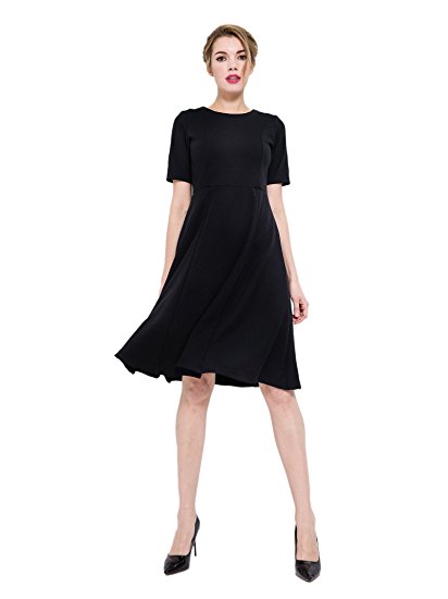 Dantiya Women's Half Sleeve Elegant Back Zipper A-Line Knee Long Dress, Black