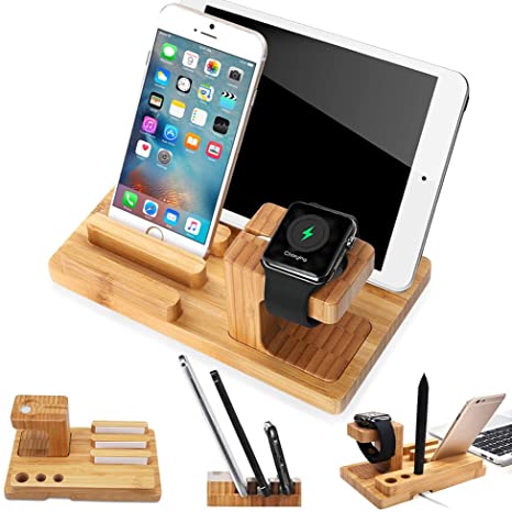XPhonew Bamboo Wood Charging Dock Docking Station Charger Stand Cradle Holder Bracket Compatible iPhone XS MAX XR X 8 7 6S 6 Plus Apple Watch 2 3 4 iWatch 38mm & 42mm iPad Tablet Samsung Smartphones