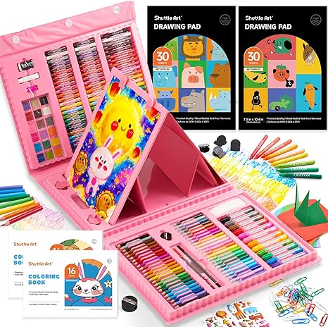 Shuttle Art 335 Piece Kids Art Set, Multi-Media Art Supplies, Gift Art Kit with Trifold Easel, 2 Drawing Pads, 2 Coloring Books, Oil Pastels, Crayons, Watercolors, Markers, Colored Pencils (Pink)