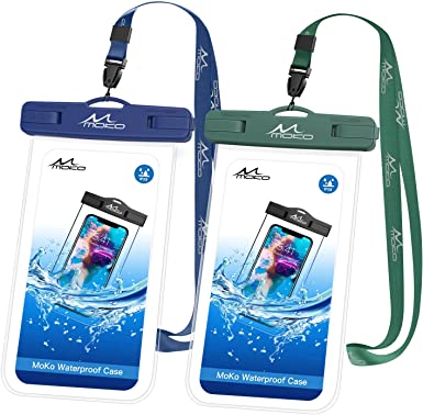 MoKo Waterproof Phone Pouch [2 Pack], Underwater Phone Case Dry Bag with Lanyard Compatible with iPhone 13 Mini/12 Pro/11 Pro Max X/Xs/Xr/Xs, SE 3/2, Samsung S21/S10/S9,Note 10/9/8, Indigo&Army Green