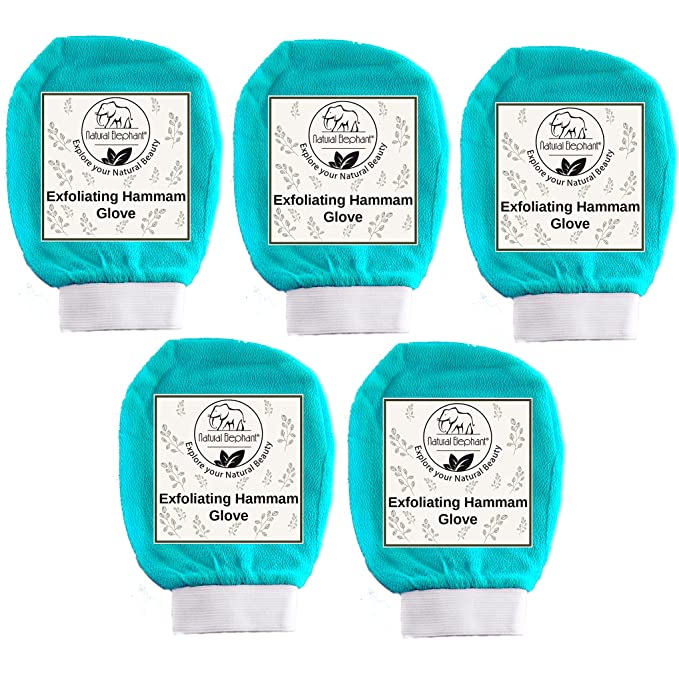 Natural Elephant Exfoliating Hammam Glove - Face and Body Exfoliator Mitt Teal Waves (Pack of 5)