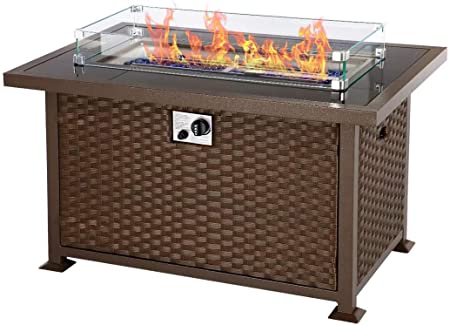 U-MAX 44in Outdoor Propane Gas Brown PE Rattan Fire Pit Table, 50,000 BTU Auto-Ignition Gas Firepit with Glass Wind Guard, Black Tempered Glass Tabletop & Blue Glass Stone, CSA Certification
