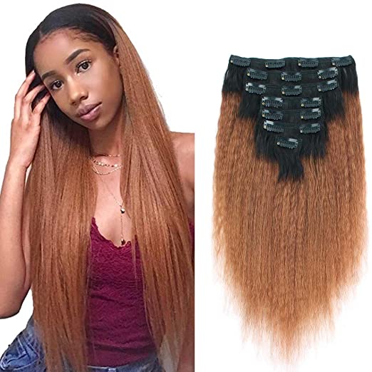 Sassina Remy Corse Yaki Kinky Straight Clip on Human Hair Ombre Clip in Extensions for Black Women,Double Wefts Natural Black Fading to Ginger 30 12inch 7 Pieces 120 Grams per set