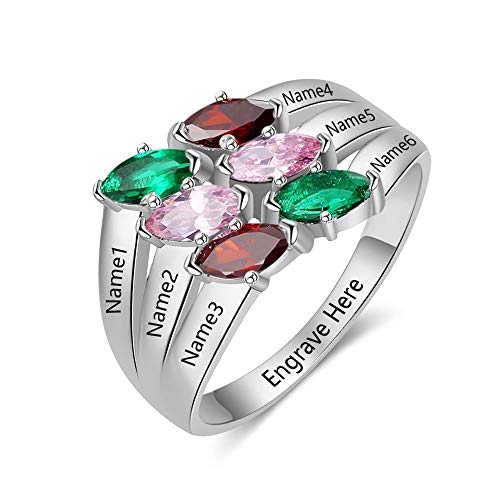 Lam Hub Fong Personalized Mothers Rings with 6 Simulated Birthstones Mom Rings Mothers Day Family Name Rings