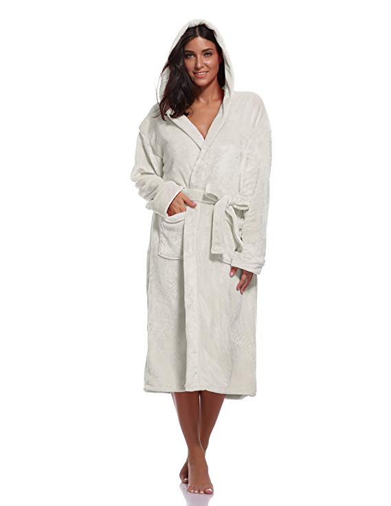 Luvrobes Women's Plush Fleece Hooded Robe Ultra-Soft Long Bathrobe