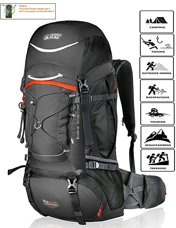 TERRA PEAK Adjustable Hiking Backpack 55L/65L/85L 20L for Men Women with Free Rain Cover Included Black Navy Green and Dark Grey
