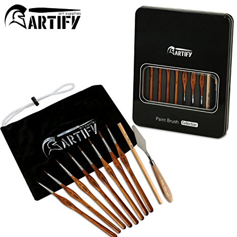 Artify Weasel Hairs Watercolor Detail Paint Brush Set, 8 pcs Fine Miniature Paint Brushes with a Free Metal Carrying Box and a Flannelette Bag
