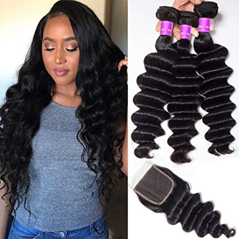 Ugrace Hair Loose Deep Wave Bundles with Closure Human Hair Loose Deep Curly with Closure Brazilian Virgin Hair with Closure 4x4 Inch Natural Color Can Be Dyed and Bleached (20 22 24 18)