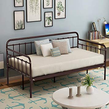 HOMERECOMMEND Metal Daybed Frame Twin Steel Slats Platform Base Box Spring Replacement Children Bed Sofa for Living Room Guest Room (Twin, Dark Copper)