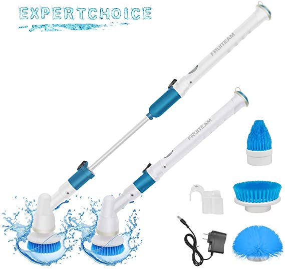 FRUITEAM Electric Spin Scrubber, Cordless Bathroom Scrubber, Super Power Hurricane Scrubber Surface Cleaner with 3 Replaceable Brush Heads and 1 Extension Arm for Tub, Kitchen, Tile