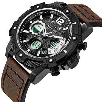Mens Sport Watch Digital Analog Quartz Waterproof Multifunctional Military Leather Wrist Watches