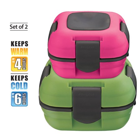 Pinnacle High Quality Thermal Leakproof Lunch Box - Durable Insulated Lunch Containers for Adults and Kids ~ Set of 2 ~ 16 Oz. and 33 Oz. ~ Green and Pink ~ Fresh 'n' Go