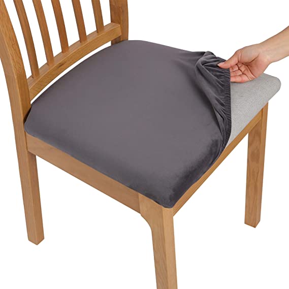 Comqualife Soft Velvet Dining Chair Seat Covers, Stretchable Dining Room Upholstered Chair Seat Cushion Cover, Removable Washable Anti-Dust Kitchen Chair Protector Slipcovers (Dark Grey, 1)
