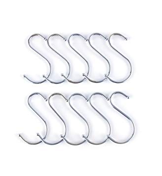 Prudance Medium Round S Shaped Stainless Steel Hanging Hooks Set 10 Hooks - Ideal Pots, Pans, Spoons & Other Kitchen Essentials - Perfect Clothing