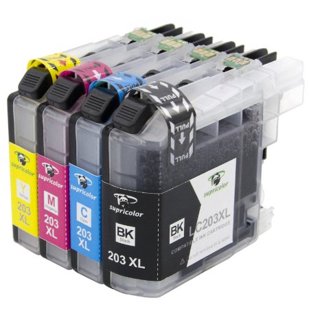 Supricolor 4 Pack Ink Cartridge Replacement for Brother LC203 LC203XL High Yield (1 Black, 1 Cyan, 1 Magenta, 1 Yellow) for use with MFC-J4320DW, MFC-J4420DW, MFC-J4620DW, MFC-J5520DW, MFC-J5620DW, MFC-J5720DW Printers.