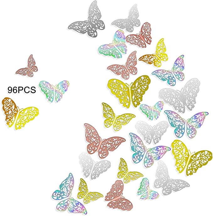 Dreamtop 96 Pcs 3D Butterfly Wall Stickers 3 Sizes Butterfly Wall Decals for Home Decoration Bedroom Kids Room Party Wedding Decors, 4 Colors