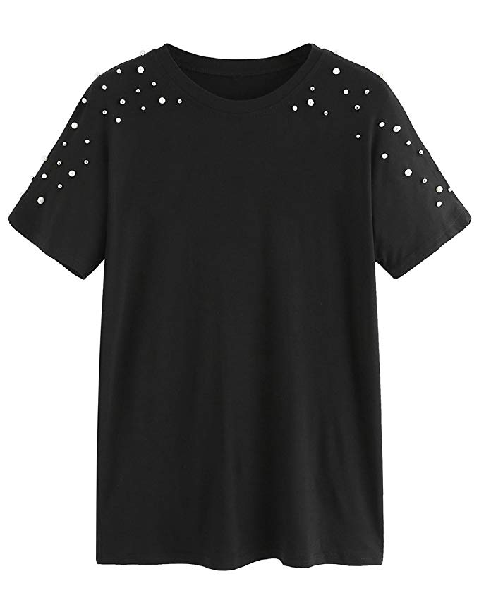 ROMWE Women's s Short Sleeve Pearl Beaded Loose T Shirt Basic Tee Tops