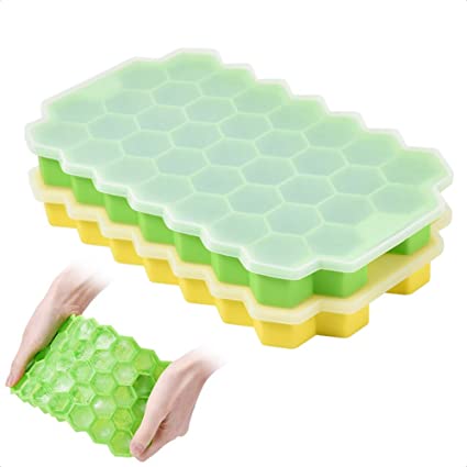 Ice Cube Trays with Non-Spill Lid (2 Packs), Silicone Shapes Ice Cube Molds, BPA Free Ice Tray Used for Freezer Baby Foods Whiskey Cocktail Chilled Drinks, Stackable Flexible Green&Yellow