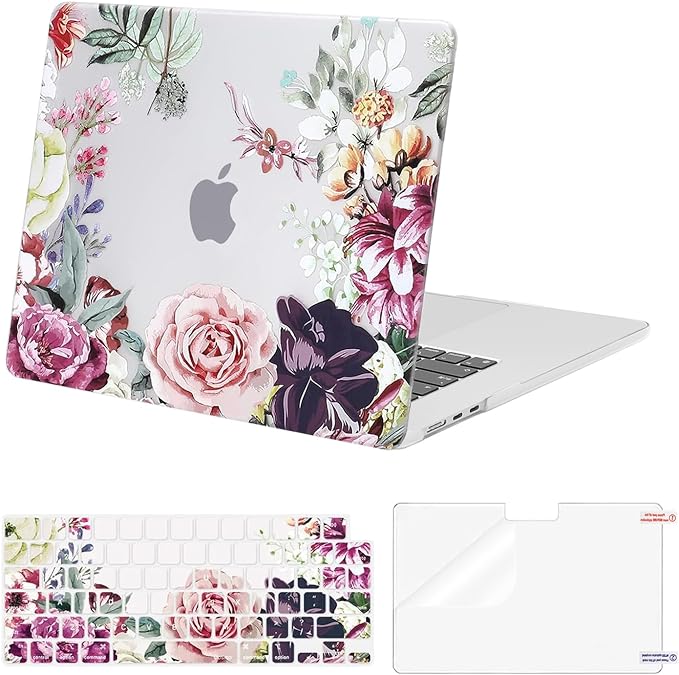 MOSISO Compatible with MacBook Air 15 inch Case 2023 Release A2941 M2 Chip with Touch ID, Plastic Flower Hard Shell Case & Keyboard Cover & Screen Protector, Rose Leaves