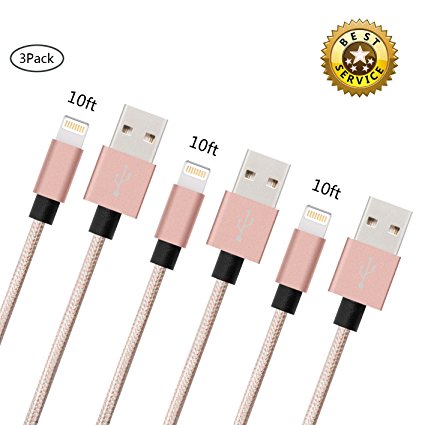 iPhone Charger Youer - 3Pcs 10FT iPhone Lightning Cable Nylon Braided 8pin to USB Charging Cord for Apple iPhone 7/7 plus/6/6s/se/5s/5c/5,iPad Air,Mini/iPod (Rose & Gold)
