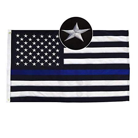 3x5 ft Thin Blue Line USA Flag with Embroidered Stars, Sewn Stripes, Brass Grommets, Vivid Color and UV Fade Resistant, Black White and Blue American Police Flag Honoring Law Enforcement Officers