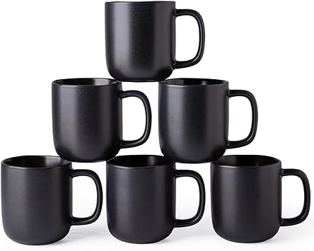 AmorArc 14oz Coffee Mugs Set of 6, Ceramic Coffee Mugs with Large Handle & Wavy Rim for Latte/Hot Cocoa/Tea, Stylish Coffee Mugs for Men Women. Dishwasher&Microwave Safe, Matte Black