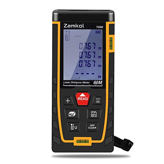 Laser Distance Measure,Zamkol 196ft/60m Laser Distance Meter with LCD Backlight Screen,Handy High precision Mute Laser Measure Device, Measurement for Distance,Area and Volume,Pythagorean Modes(A)
