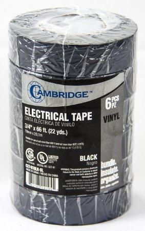 Cambridge Premium Vinyl Electrical Tape VALUE PACK Contractor pack- 6 Rolls Black, 3/4"X66' (132 Yards Total)