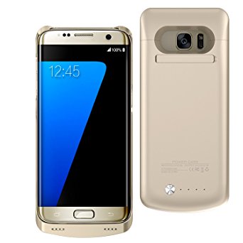 ALCLAP S7 Edge Battery Case 5200mAh Portable Backup Charger Case Ultra Slim External Battery Cover Case Rechargeable Backup Power Bank with Kich Stand for Samsung Galaxy S7 Edge (Gold)