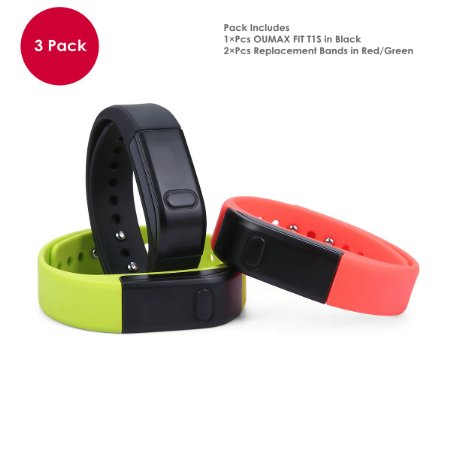 OUMAX FIT T1S Activity and Fitness Tracker Pack Includes 3 Colored Bands in BlackGreenRed