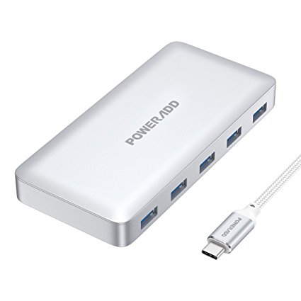 USB C Hub, Poweradd Ultra Slim Type C Hub 5-Port USB 3.0 and PD 2.0 Data Hub (5Gbps Transfer Speed, Anodized Alloy, Compact and Lightweight) for Mac, PC, USB Flash Drives and Other Devices - Silver