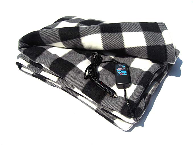 Car Cozy 2 Heated Travel Blanket with Patented Safety Timer 58 inch x 42 inch (Black and White Plaid)