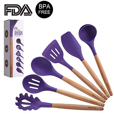 Silicone Cooking Utensils, 6 Pieces Nonstick Heat Resistant Kitchen Tool Set BPA Free with Natural Wood Handle by Maphyton