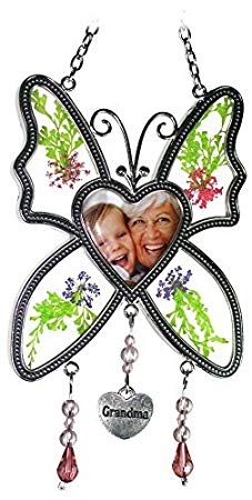 BANBERRY DESIGNS Grandma Photo Butterfly Suncatcher - Pressed Flowers with a Heart Shaped Picture Opening