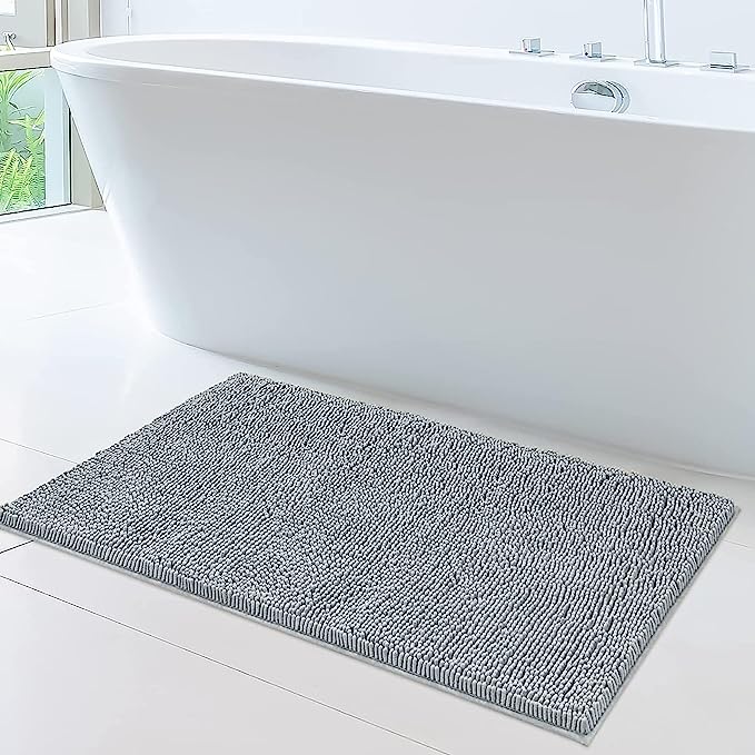 Soft Plush Chenille Bathroom Rug, Absorbent Microfiber Bath Mat, Machine Washable, Non-Slip Grip, Quick-Dry, Thick Shag Carpet Great for Bath, Shower Floor, Bedroom, or Door Mat (Pumice Stone, 24x39)