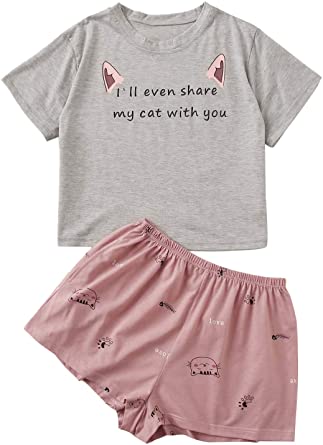 DIDK Women's Cute Cartoon Print Tee and Striped Shorts Pajama Set Sleeveless Sleepwear