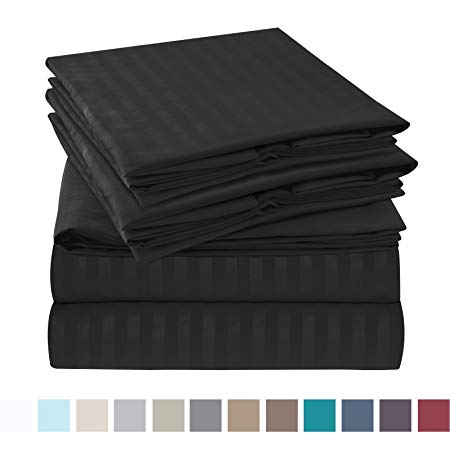 Nestl Bedding Damask Dobby Stripe 6 Piece Set – 14”-16” Deep Pocket Fitted Sheet – Ultra Soft Double Brushed Microfiber Top Sheet – 4 Hypoallergenic Wrinkle Free Cooling Pillow Cases, Queen - Black