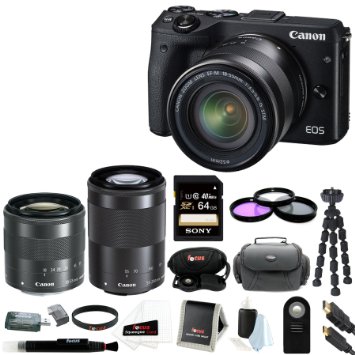 Canon EOS M3 Mirrorless Camera EF-M 18-55mm & 55-200mm Lenses   Canon Viewfinder EVF DC1 & 64GB SD Card Bundle