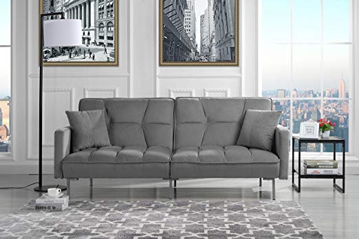 Modern Plush Tufted Velvet Splitback Living Room Futon (Light Grey)