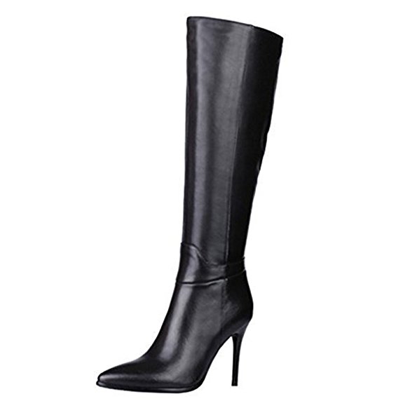 VOCOSI Women's Classic Side-Zip High Heels Leather Riding Boots Pointy Toe Knee-High Dress Boot