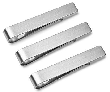 3 Pc Set Tie Bar Clip Wedding Party Collection 1.9" Brushed Silver Finish Gift-Boxed
