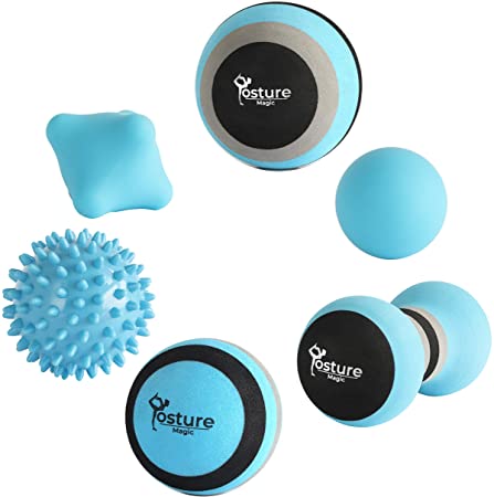 Posture Magic Massage Ball Set for Myofascial Trigger Point Release & Deep Tissue Massage - Set of 6 - Large Foam/Small Foam/Lacrosse/Peanut/Spiky/Hand Exercise Ball (Blue)