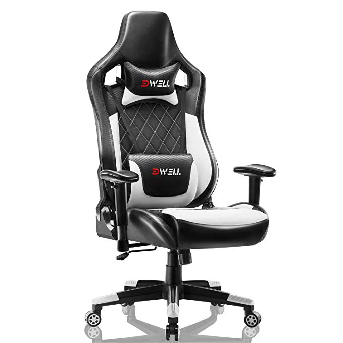 EDWELL Racing Gaming Chair Adjustable PU Leather Office Chair Executive Computer Desk Chair High-Back Video Chair with Headrest and Armrest for Adults Kids Men Women, White