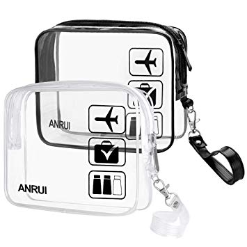 2pcs/Pack ANRUI Toiletry Bag with Strap, TSA Approved Carry On Airport Airline Compliant Bag Quart Sized 3-1-1 Kit Travel Luggage Pouch (Clear Black)